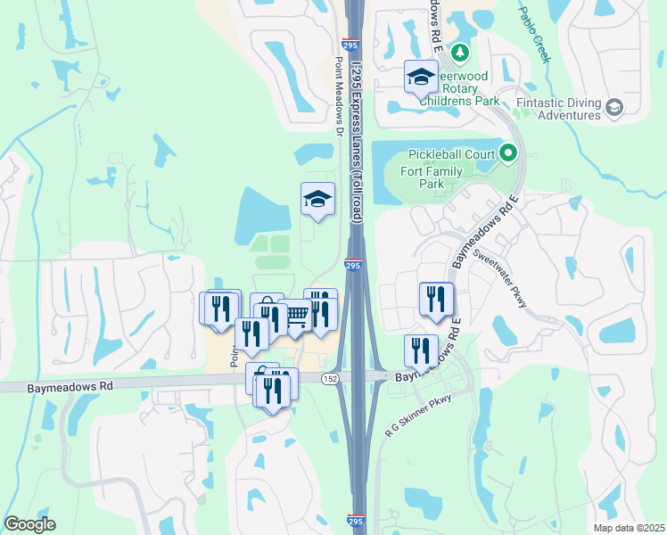 map of restaurants, bars, coffee shops, grocery stores, and more near 8050 Point Meadows Drive in Jacksonville