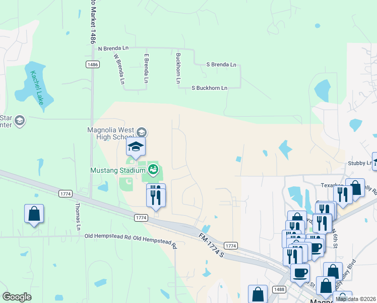 map of restaurants, bars, coffee shops, grocery stores, and more near Unnamed Road in Magnolia