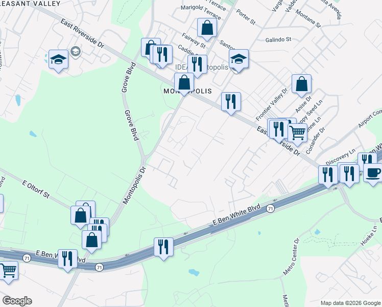map of restaurants, bars, coffee shops, grocery stores, and more near 2300 Thrasher Lane in Austin
