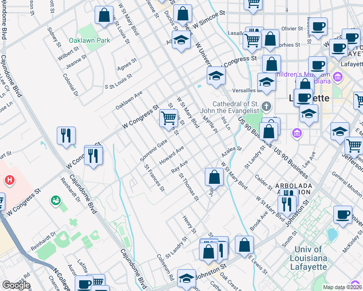 map of restaurants, bars, coffee shops, grocery stores, and more near 501 Saint Joseph Street in Lafayette