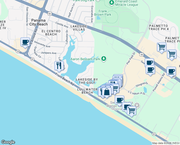 map of restaurants, bars, coffee shops, grocery stores, and more near 215 Lakeview Circle in Panama City