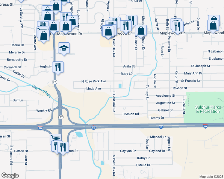 map of restaurants, bars, coffee shops, grocery stores, and more near 2241 Linda Ave in Sulphur