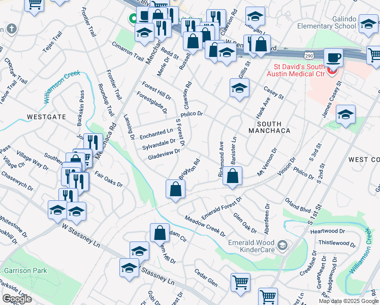 map of restaurants, bars, coffee shops, grocery stores, and more near 1411 Green Forest Drive in Austin