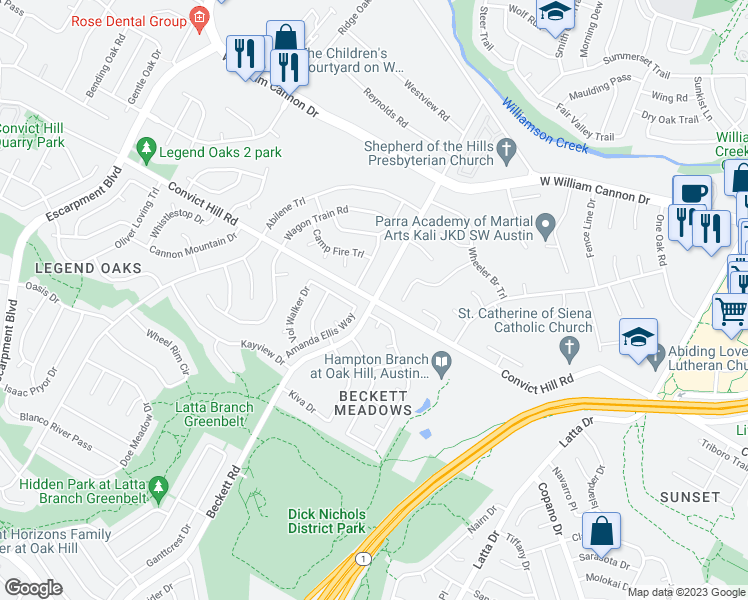map of restaurants, bars, coffee shops, grocery stores, and more near Convict Hill Road in Austin