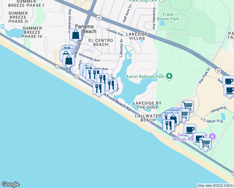 map of restaurants, bars, coffee shops, grocery stores, and more near 281 East Lullwater Drive in Panama City Beach