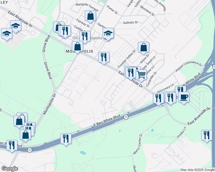 map of restaurants, bars, coffee shops, grocery stores, and more near 2129 Maxwell Lane in Austin