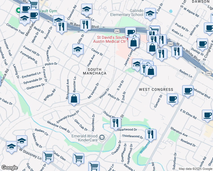 map of restaurants, bars, coffee shops, grocery stores, and more near 4511 Vinson Drive in Austin