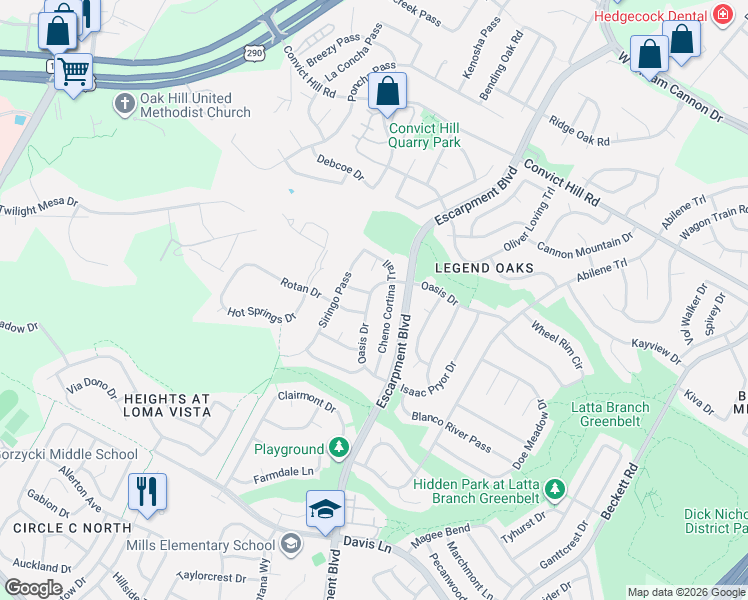 map of restaurants, bars, coffee shops, grocery stores, and more near 6601 Oasis Drive in Austin