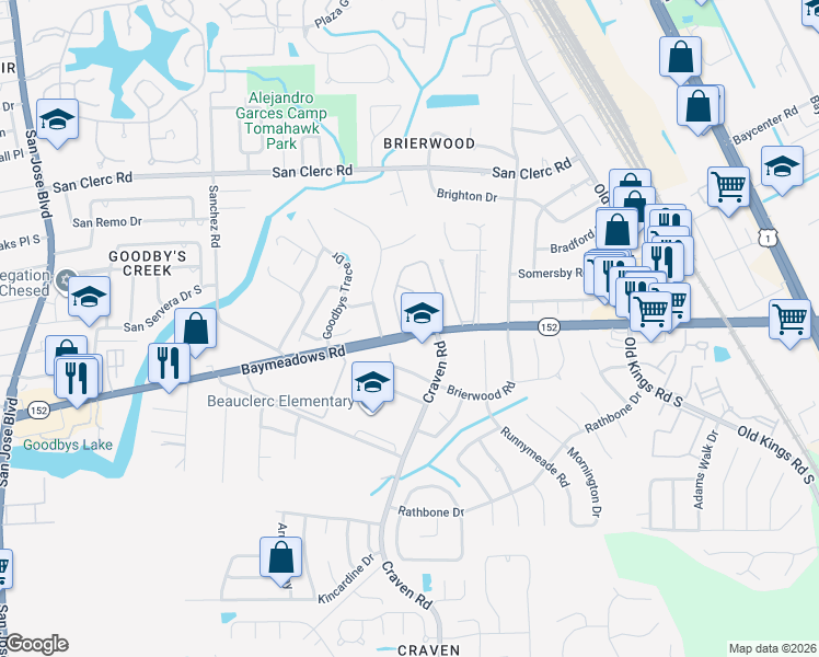 map of restaurants, bars, coffee shops, grocery stores, and more near 4816 Deermoss Way West in Jacksonville