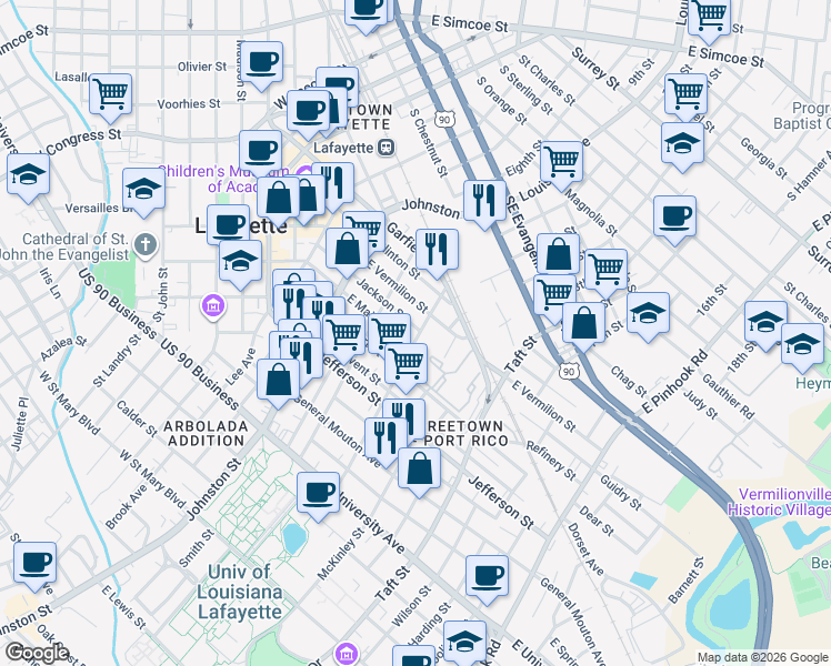 map of restaurants, bars, coffee shops, grocery stores, and more near 402 Lamar Street in Lafayette