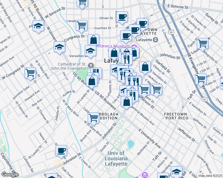 map of restaurants, bars, coffee shops, grocery stores, and more near 109 Barry Street in Lafayette
