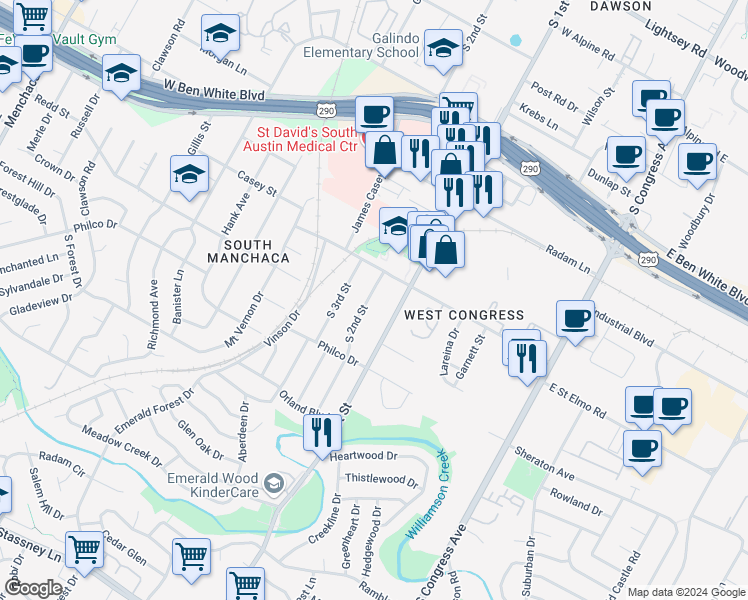 map of restaurants, bars, coffee shops, grocery stores, and more near 4413 South 2nd Street in Austin