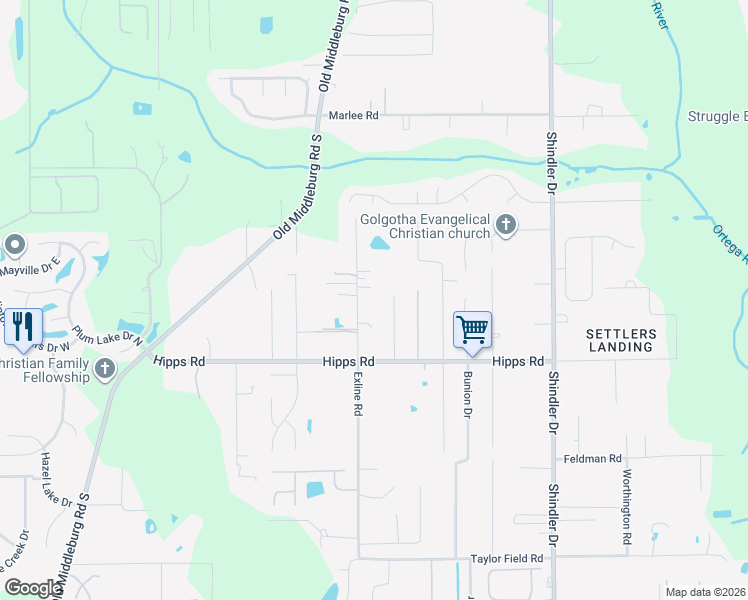 map of restaurants, bars, coffee shops, grocery stores, and more near 6989 Exline Road in Jacksonville