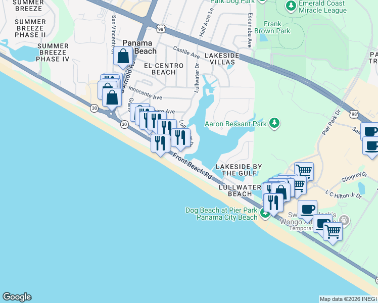 map of restaurants, bars, coffee shops, grocery stores, and more near 301 Lullwater Drive in Panama City Beach
