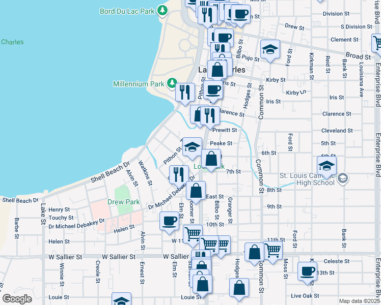map of restaurants, bars, coffee shops, grocery stores, and more near 115 Park Avenue in Lake Charles