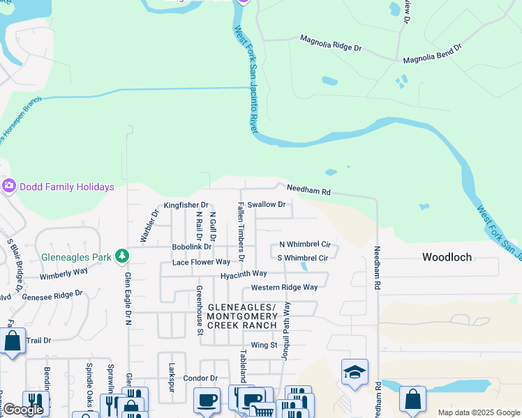 map of restaurants, bars, coffee shops, grocery stores, and more near 9914 Swallow Drive in Conroe