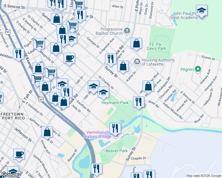 map of restaurants, bars, coffee shops, grocery stores, and more near 1045 St Charles St in Lafayette