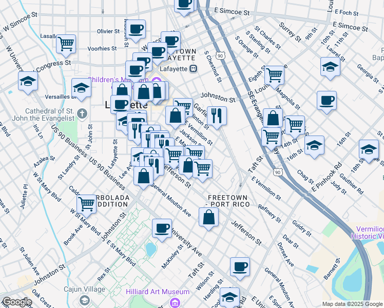 map of restaurants, bars, coffee shops, grocery stores, and more near 510 East Main Street in Lafayette