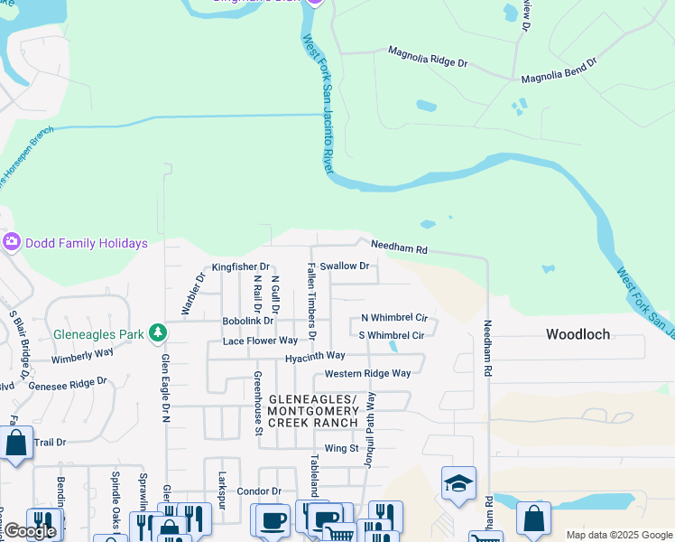 map of restaurants, bars, coffee shops, grocery stores, and more near 9914 Swallow Drive in Conroe