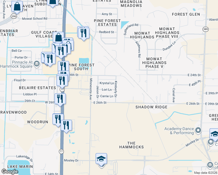 map of restaurants, bars, coffee shops, grocery stores, and more near 604 Lori Lane in Lynn Haven