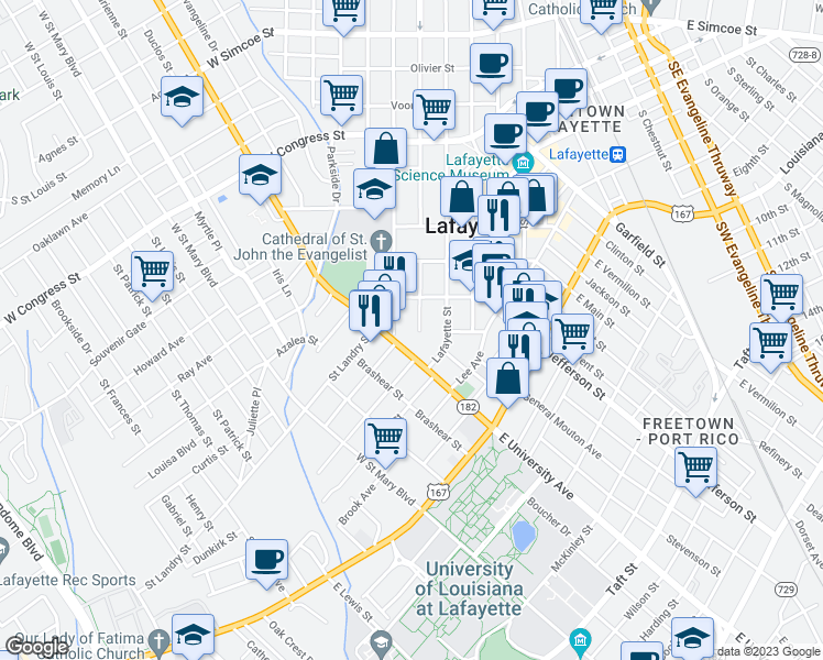 map of restaurants, bars, coffee shops, grocery stores, and more near 1130 South Washington Street in Lafayette