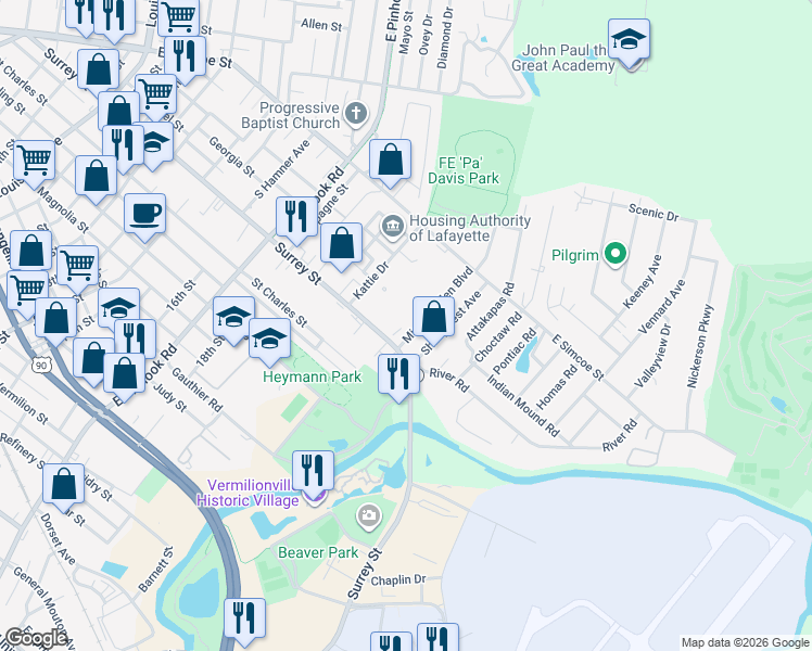 map of restaurants, bars, coffee shops, grocery stores, and more near 101 Michael Allen Boulevard in Lafayette