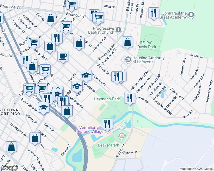 map of restaurants, bars, coffee shops, grocery stores, and more near 1045 St Charles St in Lafayette