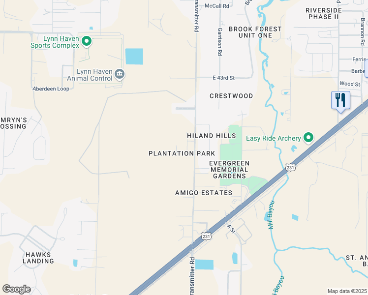 map of restaurants, bars, coffee shops, grocery stores, and more near 4039 Brook Stone Drive in Panama City