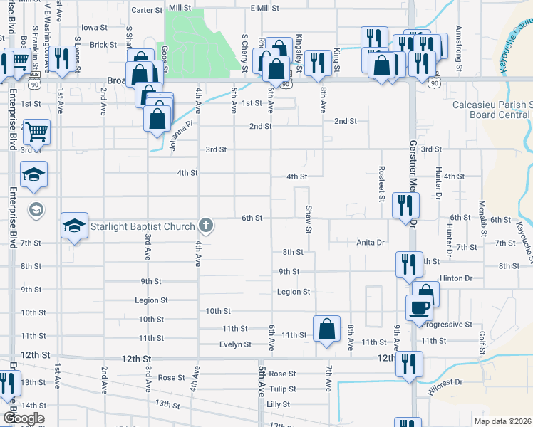 map of restaurants, bars, coffee shops, grocery stores, and more near 1420 6th Avenue in Lake Charles