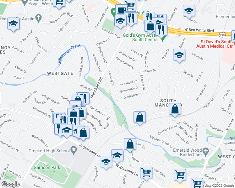 map of restaurants, bars, coffee shops, grocery stores, and more near 4915 Sylvandale Drive in Austin