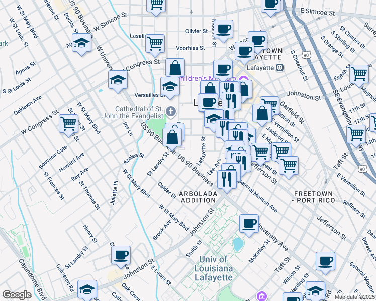 map of restaurants, bars, coffee shops, grocery stores, and more near 1130 South Washington Street in Lafayette