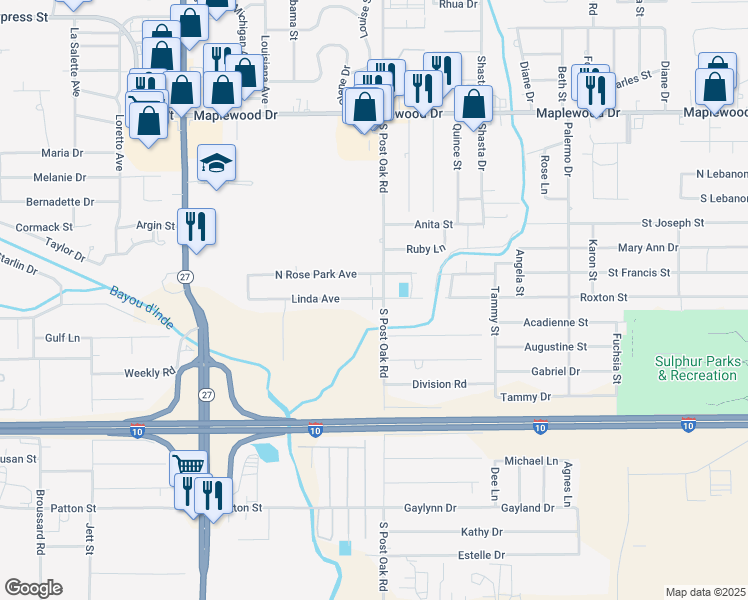 map of restaurants, bars, coffee shops, grocery stores, and more near 2241 Linda Ave in Sulphur