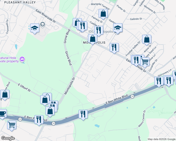 map of restaurants, bars, coffee shops, grocery stores, and more near 2304 Thrasher Lane in Austin