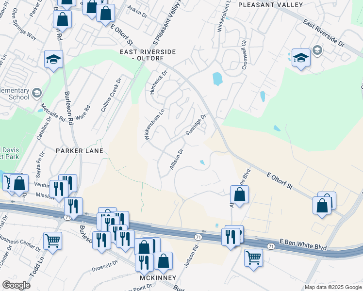 map of restaurants, bars, coffee shops, grocery stores, and more near 2804 Allison Drive in Austin