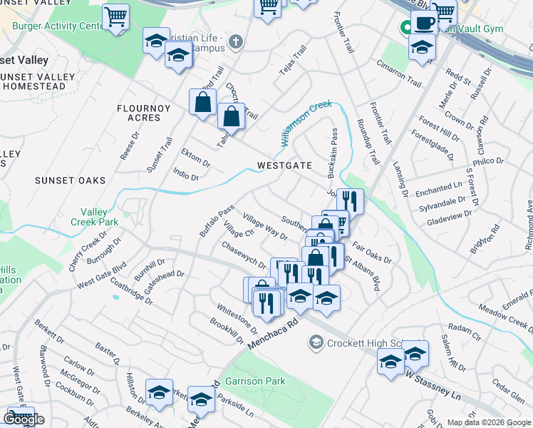 map of restaurants, bars, coffee shops, grocery stores, and more near 2305 Southern Oaks Drive in Austin