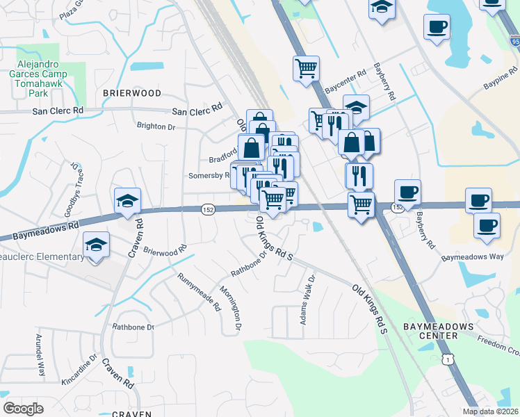 map of restaurants, bars, coffee shops, grocery stores, and more near Baymeadows Rd & Old Kings Rd S in Jacksonville