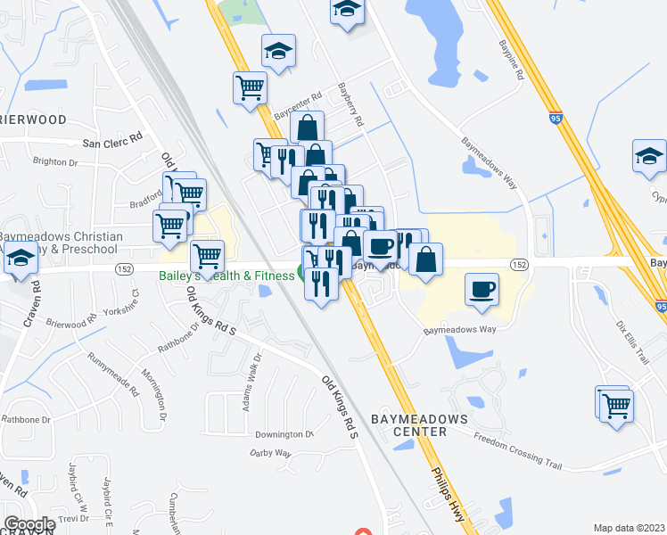 map of restaurants, bars, coffee shops, grocery stores, and more near 7720 Baymeadows Road in Jacksonville