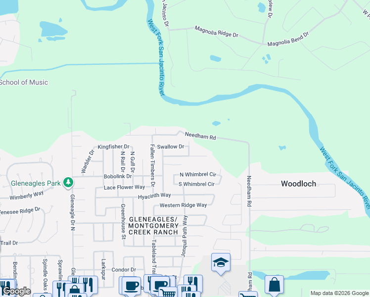 map of restaurants, bars, coffee shops, grocery stores, and more near 9956 Swallow Drive in Conroe