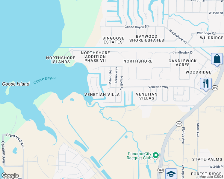 map of restaurants, bars, coffee shops, grocery stores, and more near 3928 Milano Road in Panama City