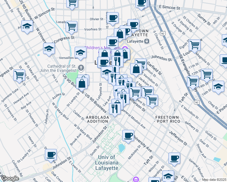 map of restaurants, bars, coffee shops, grocery stores, and more near 1015 Lee Avenue in Lafayette