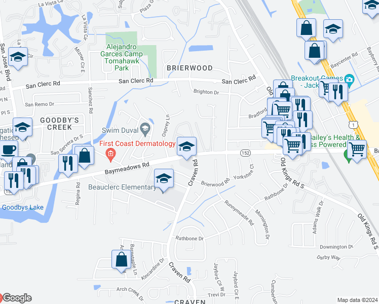 map of restaurants, bars, coffee shops, grocery stores, and more near 4836 Deermoss Way South in Jacksonville