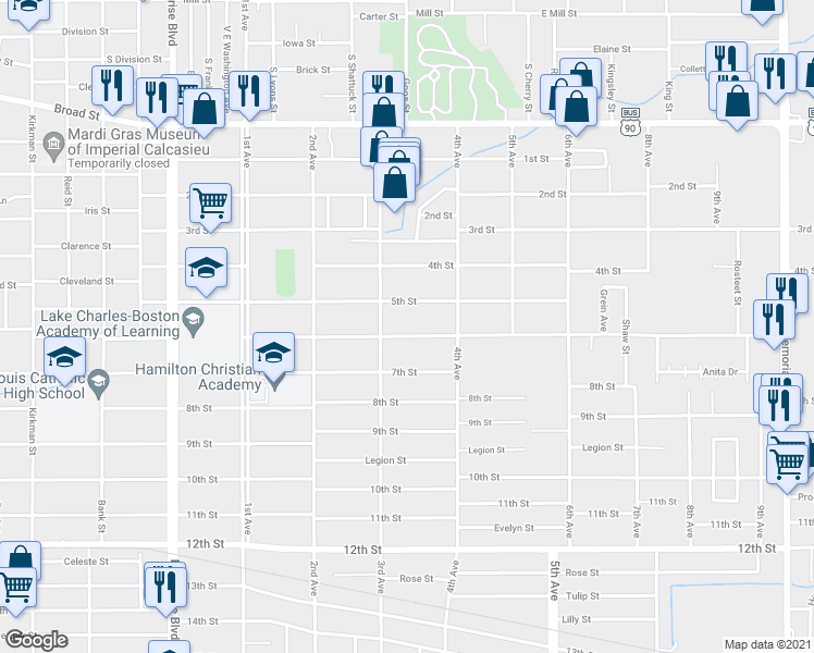 map of restaurants, bars, coffee shops, grocery stores, and more near 1823 6th St in Lake Charles