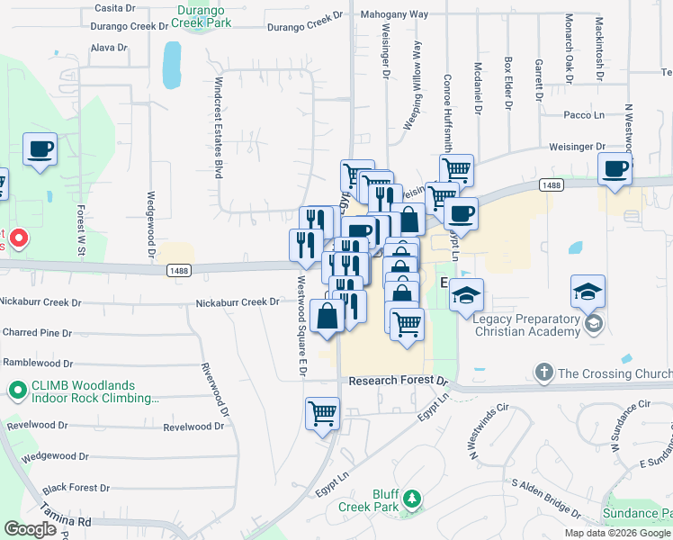 map of restaurants, bars, coffee shops, grocery stores, and more near 33910 Farm to Market Road 2978 in Magnolia