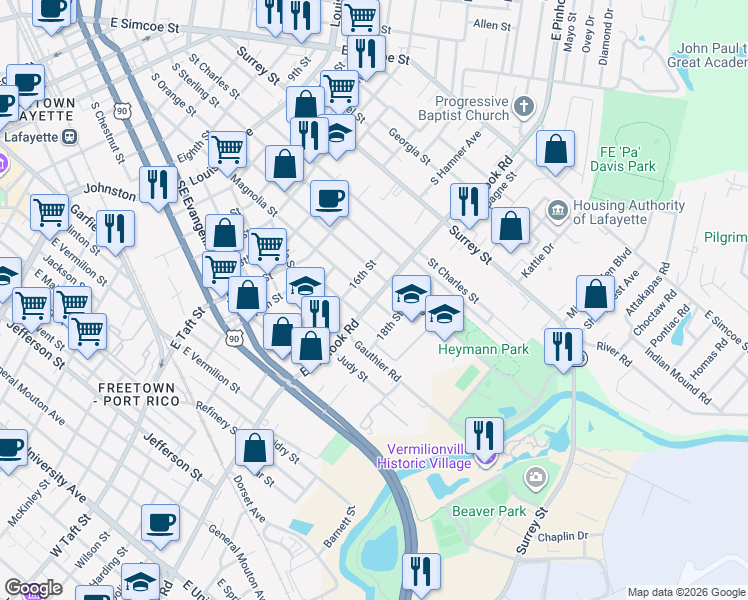 map of restaurants, bars, coffee shops, grocery stores, and more near 1300 South Magnolia Street in Lafayette