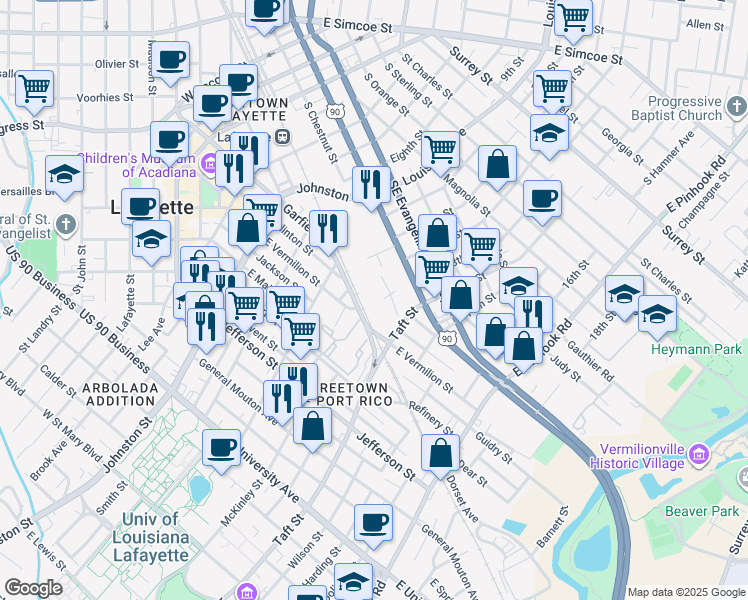 map of restaurants, bars, coffee shops, grocery stores, and more near 1016 Southwest Evangeline Thruway in Lafayette