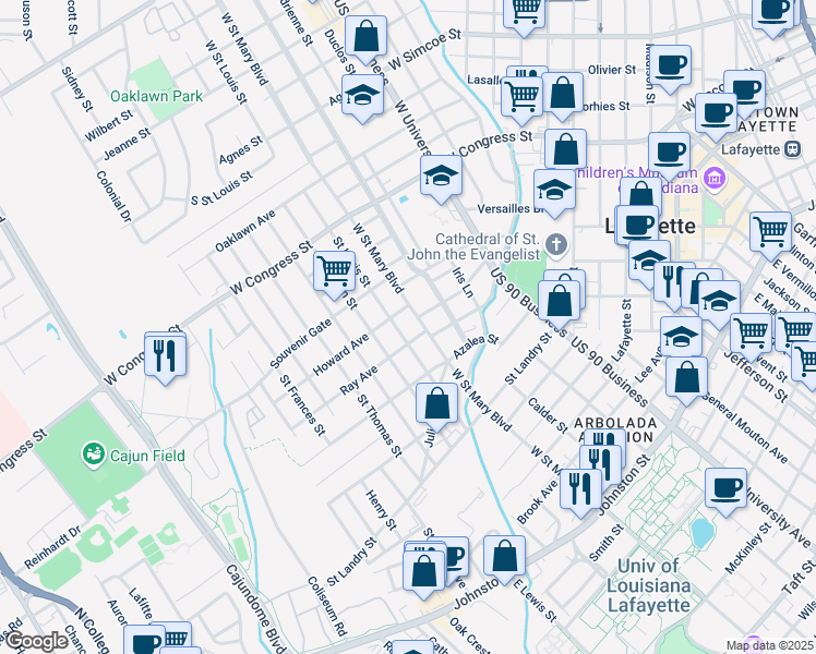 map of restaurants, bars, coffee shops, grocery stores, and more near 512 Saint Louis Street in Lafayette