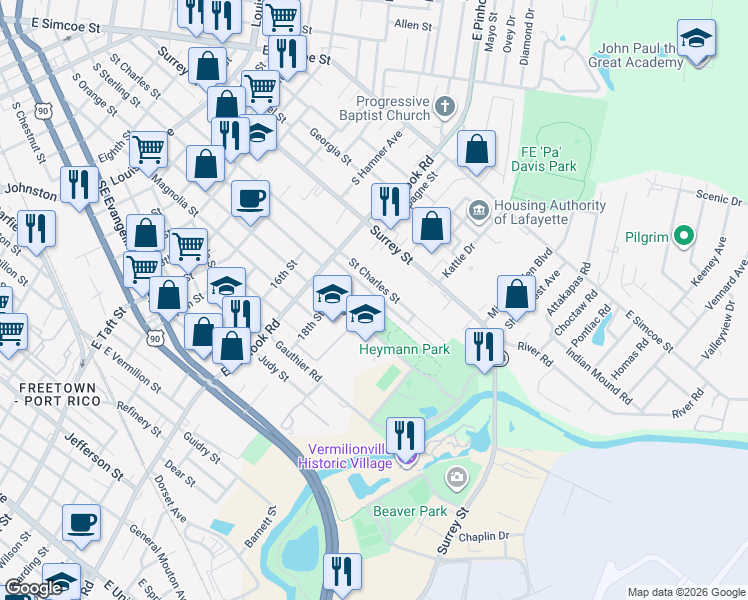 map of restaurants, bars, coffee shops, grocery stores, and more near 130 Lilly Street in Lafayette