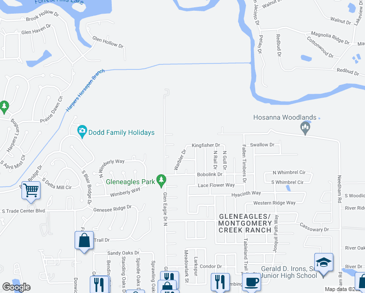 map of restaurants, bars, coffee shops, grocery stores, and more near 16726 Warbler Drive in Conroe