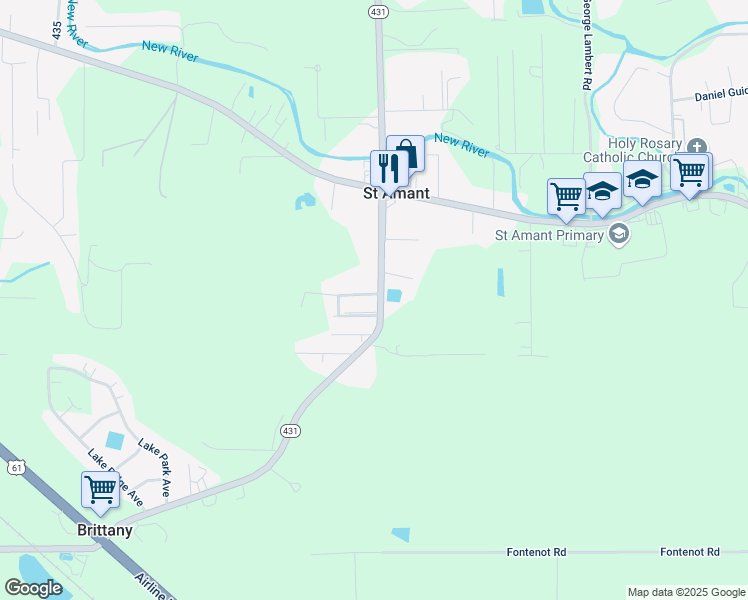 map of restaurants, bars, coffee shops, grocery stores, and more near 10531 Louisiana 431 in Saint Amant