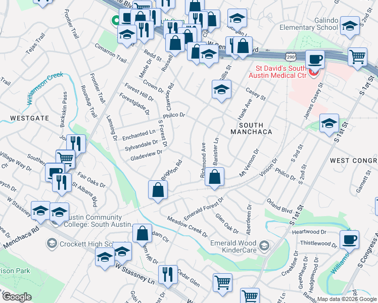 map of restaurants, bars, coffee shops, grocery stores, and more near 4704 Gillis Street in Austin
